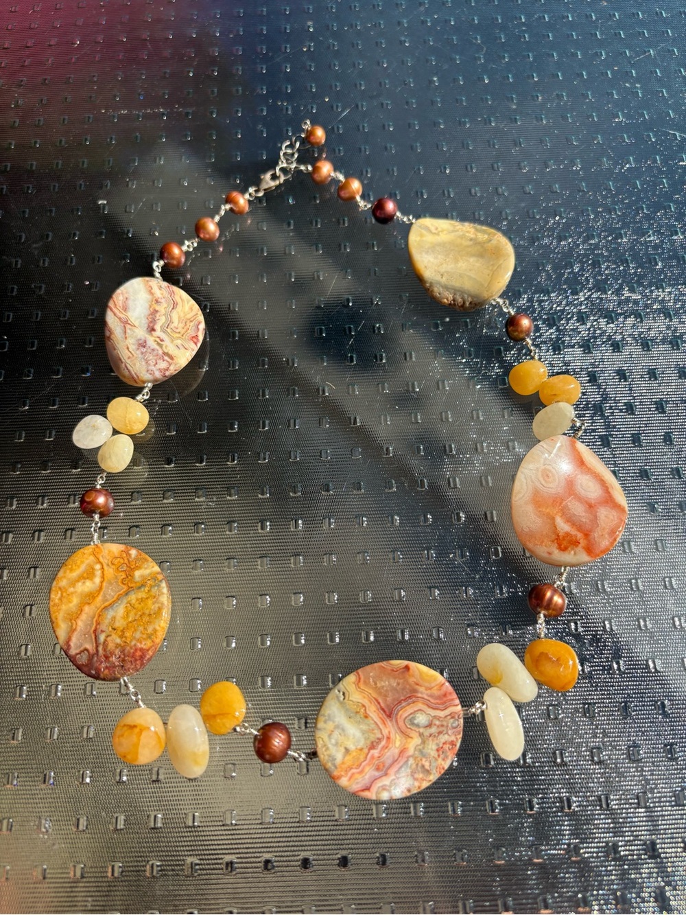 Handcrafted Statement Necklace with Mexican Crazy Lace Agate & Freshwater Pearls